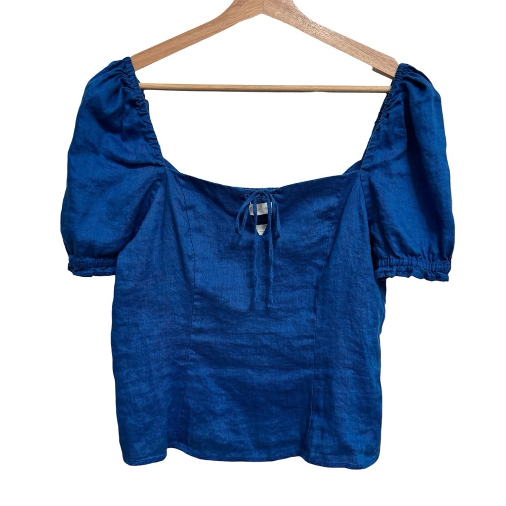 H&M Linen Milkmaid Blouse Top Women Medium Square Neck Puff Sleeve Smocked Blue